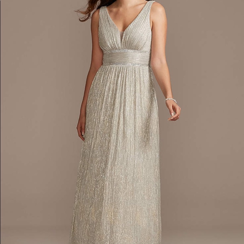 Morgan and Co. Metallic Foil Plunge Gown with Crystal Waist Bands (Size 9)